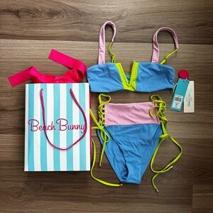Beach Bunny Brooke Bandeau Bikini Set Small Top XS Bottom Blue Pink Neon